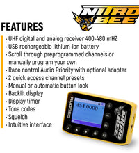 TRACK TALK "LINKABLE INTERCOM" DOUBLE HEADSET, NITRO-BEE-X SINGLE CHANNEL RECEIVER, AND FREE HEADSET BAG.