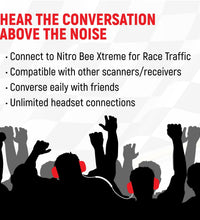 TRACK TALK "LINKABLE INTERCOM" DOUBLE HEADSET, NITRO-BEE-X SINGLE CHANNEL RECEIVER, AND FREE HEADSET BAG.