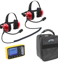 TRACK TALK "LINKABLE INTERCOM" DOUBLE HEADSET, NITRO-BEE-X SINGLE CHANNEL RECEIVER, AND FREE HEADSET BAG.