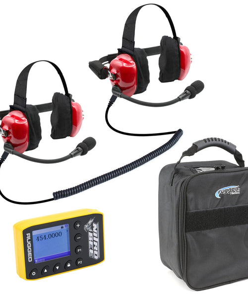 TRACK TALK "LINKABLE INTERCOM" DOUBLE HEADSET, NITRO-BEE-X SINGLE CHANNEL RECEIVER, AND FREE HEADSET BAG.