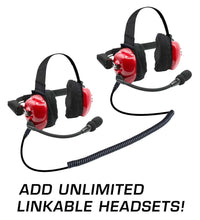 TRACK TALK "LINKABLE INTERCOM" DOUBLE HEADSET, NITRO-BEE-X SINGLE CHANNEL RECEIVER, AND FREE HEADSET BAG.