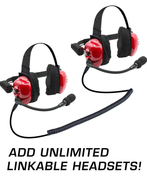 TRACK TALK "LINKABLE INTERCOM" DOUBLE HEADSET, NITRO-BEE-X SINGLE CHANNEL RECEIVER, AND FREE HEADSET BAG.